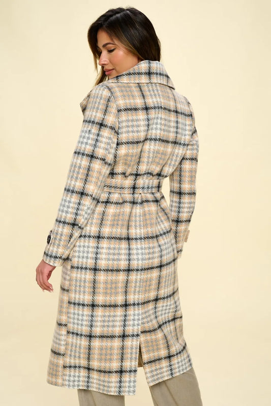 Coalition LA Double-Breasted Plaid Coat with Belt - Velora