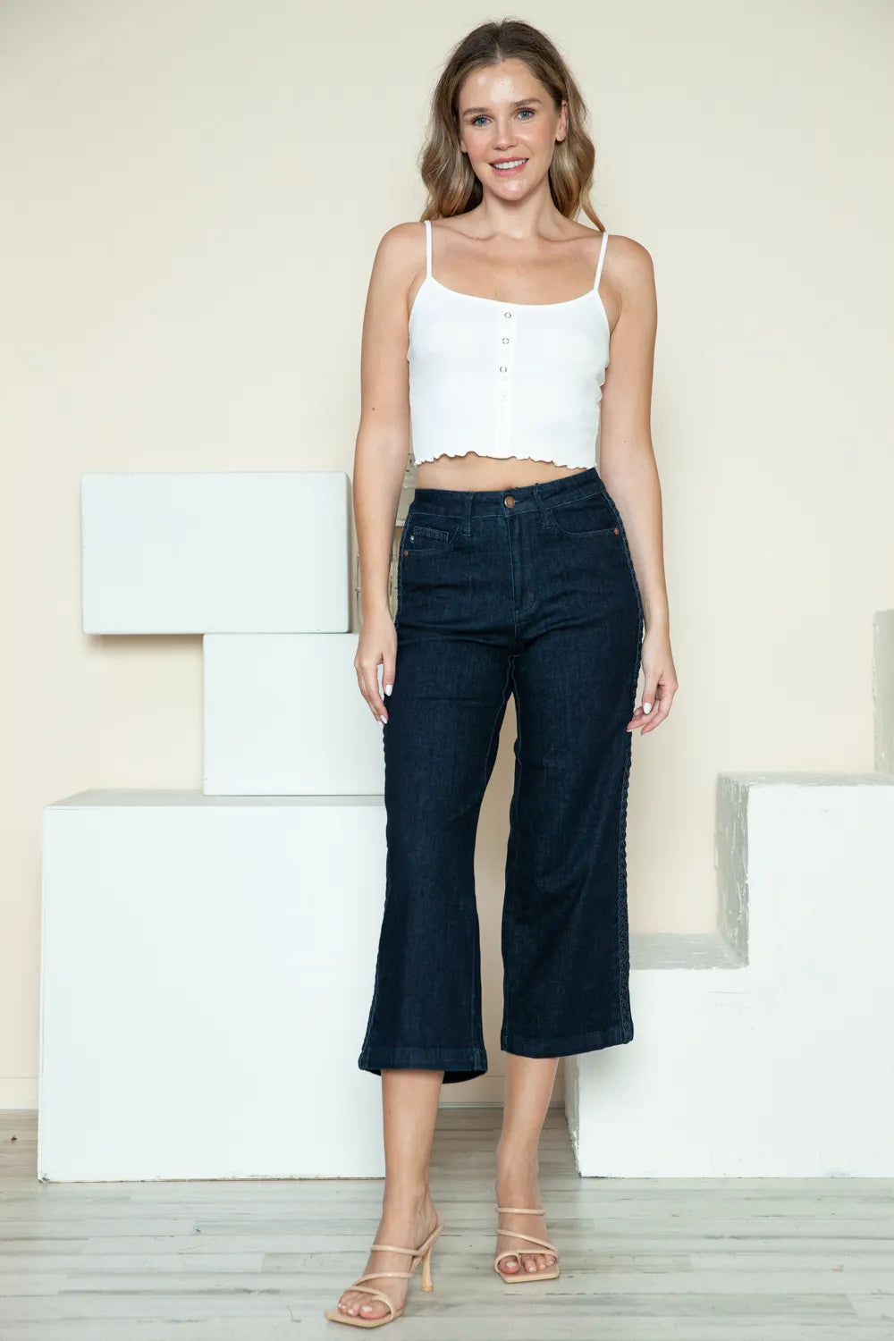 Judy Blue Full Size Side Seam Braid Detail Crop Wide Leg Jeans - Velora