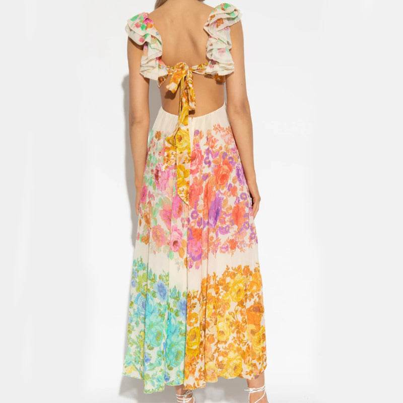 Fashion V-neck Ruffle Sleeve Long Dress Summer Romantic French-Style Flowers Print Bow-knot Backless Design Beach Vacation Dresses Womens Clothing - Velora