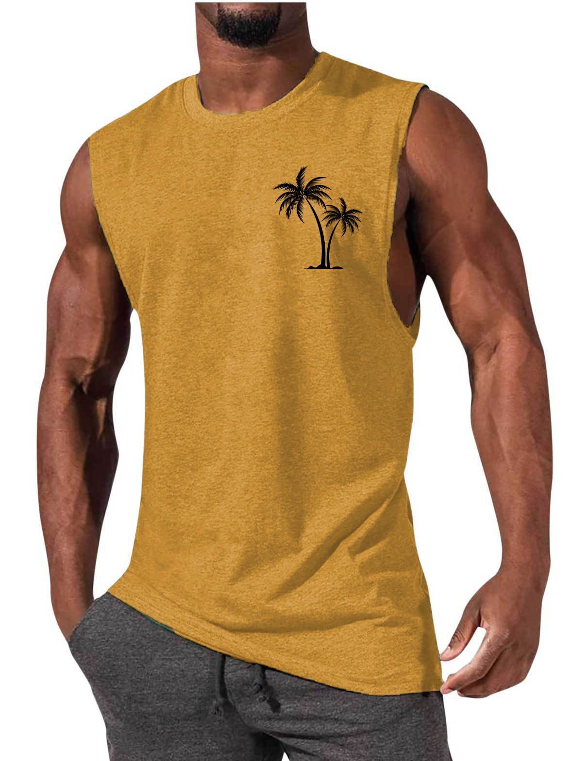 Coconut Tree Embroidery Vest Summer Beach Tank Tops Workout Muscle Men Sports Fitness T-shirt - Velora