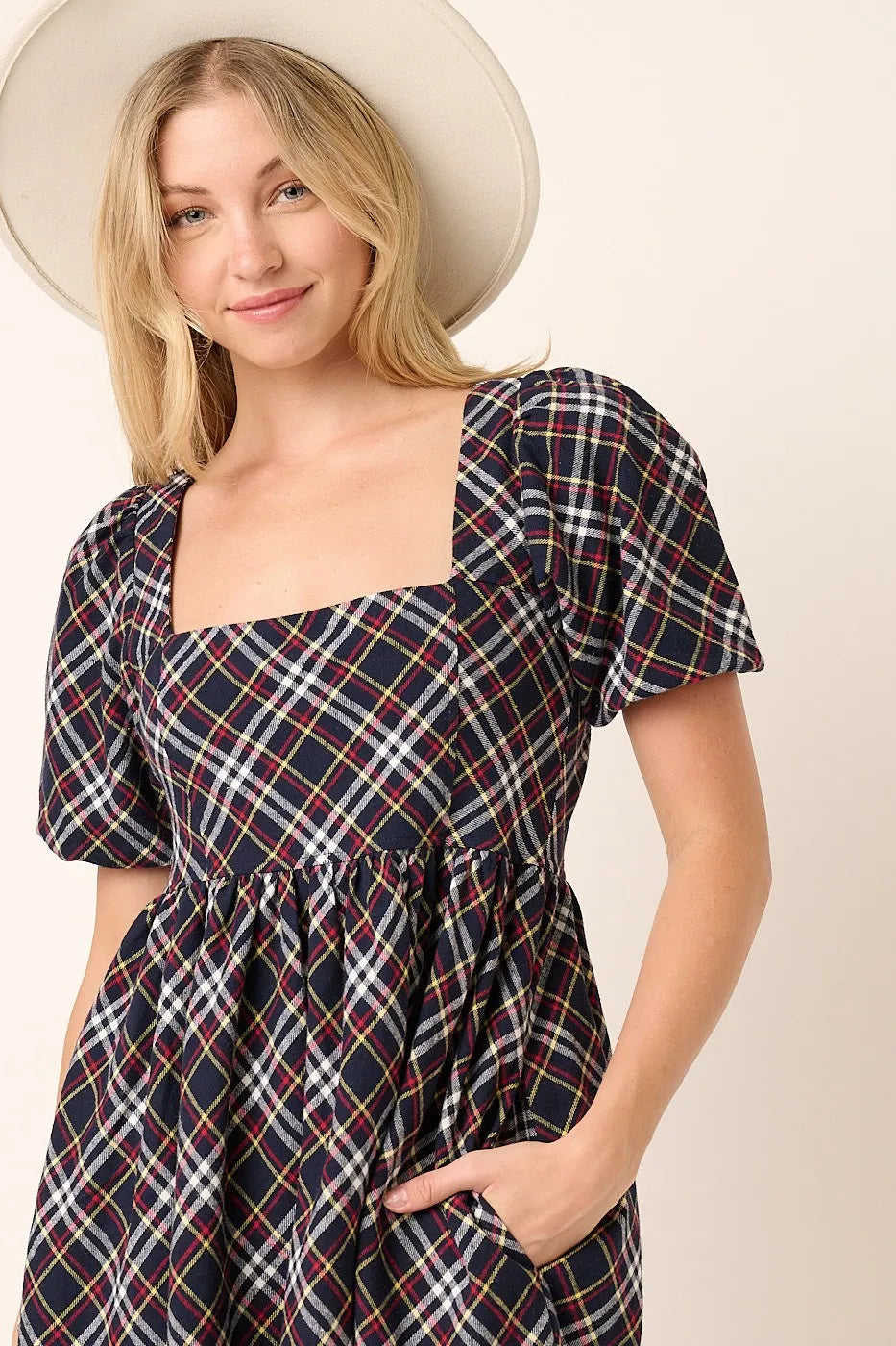 Mittoshop Checkered Print Puff Sleeve Babydoll Mini Dress - Velora