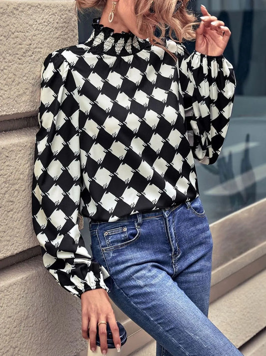 Checkered Pattern Balloon Sleeve Blouse - Velora