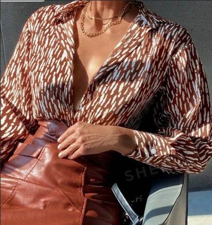 All Over Print Log sleeve Shirt Workwear Elegant Business Casual Women Button Up Shirt Women - Velora