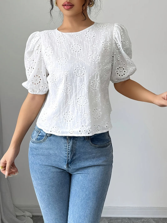 Eyelet Embroidered Puff Sleeve Tie-Back Blouse - Velora
