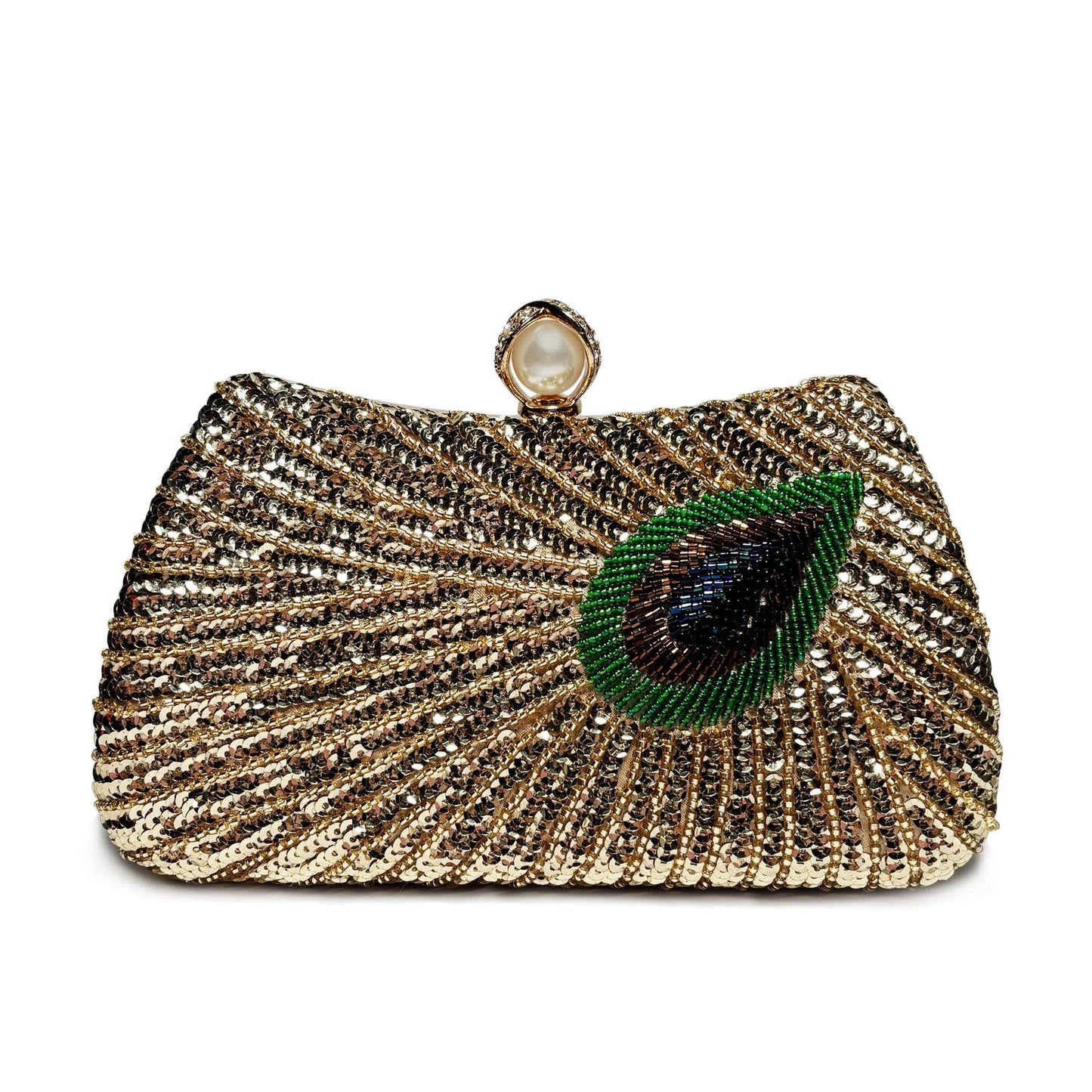 Beaded Peacock Feather Large Pearl Rhinestone Large Capacity Crossbody Shoulder Bag - Velora