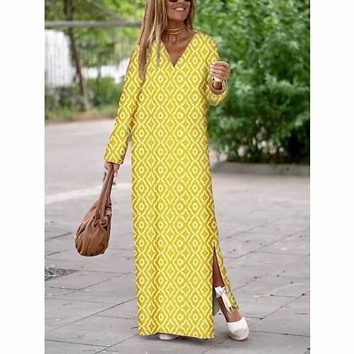 Summer Geometric Printed V-neck Long Dress Fashion Long Sleeve Slit Dresses For Women - Velora