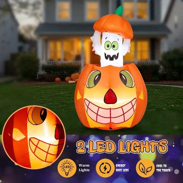2.8 FT Halloween Inflatables Animated Pumpkin Ghost, Outdoor Decorations Blow Up Yard Decor With Built-in LEDs For Indoor Party Garden Lawn Decor - Velora
