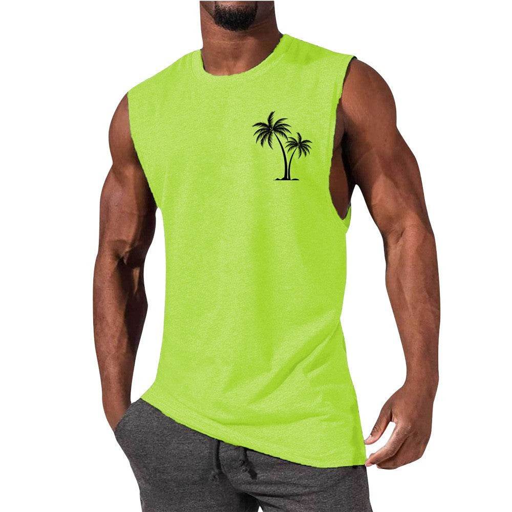 Coconut Tree Embroidery Vest Summer Beach Tank Tops Workout Muscle Men Sports Fitness T-shirt - Velora