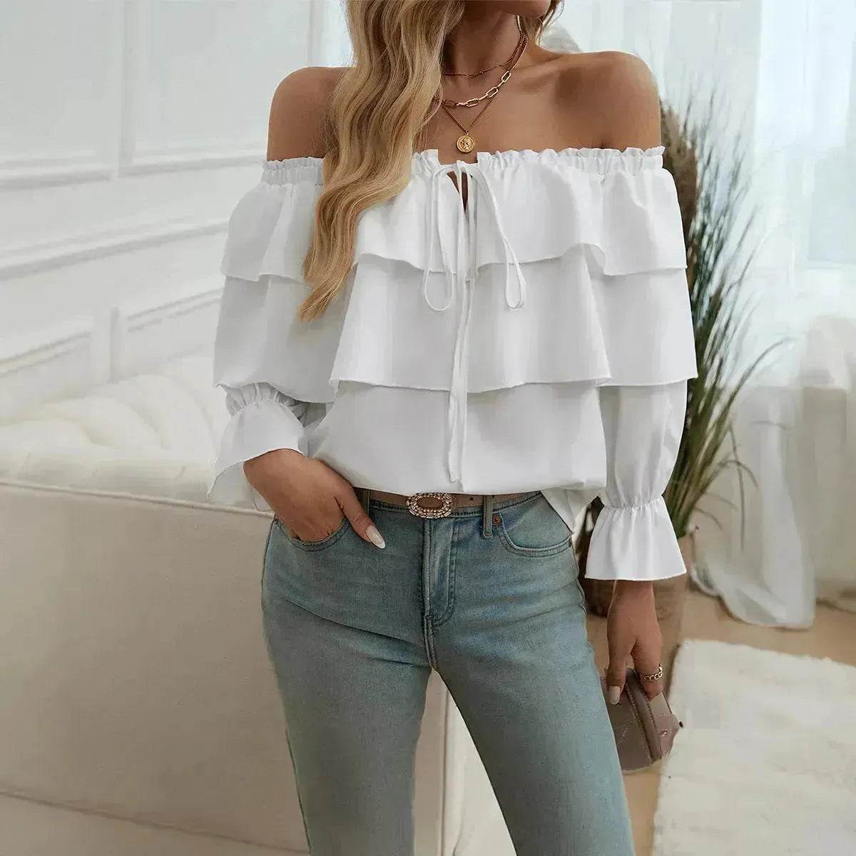 Stylish Casual Evening Top for Women Off-shoulder Bishop Long Sleeve Top - Velora
