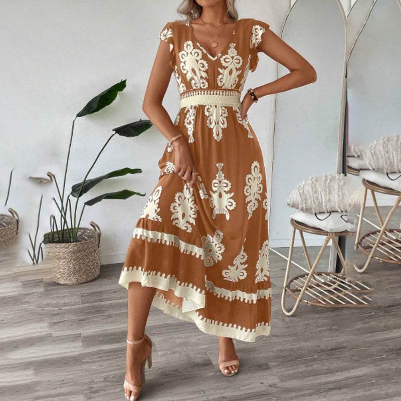 Women's Summer Flowy Maxi Dress Casual Cap Sleeve V Neck Smocked Waist Beach Sundress - Velora