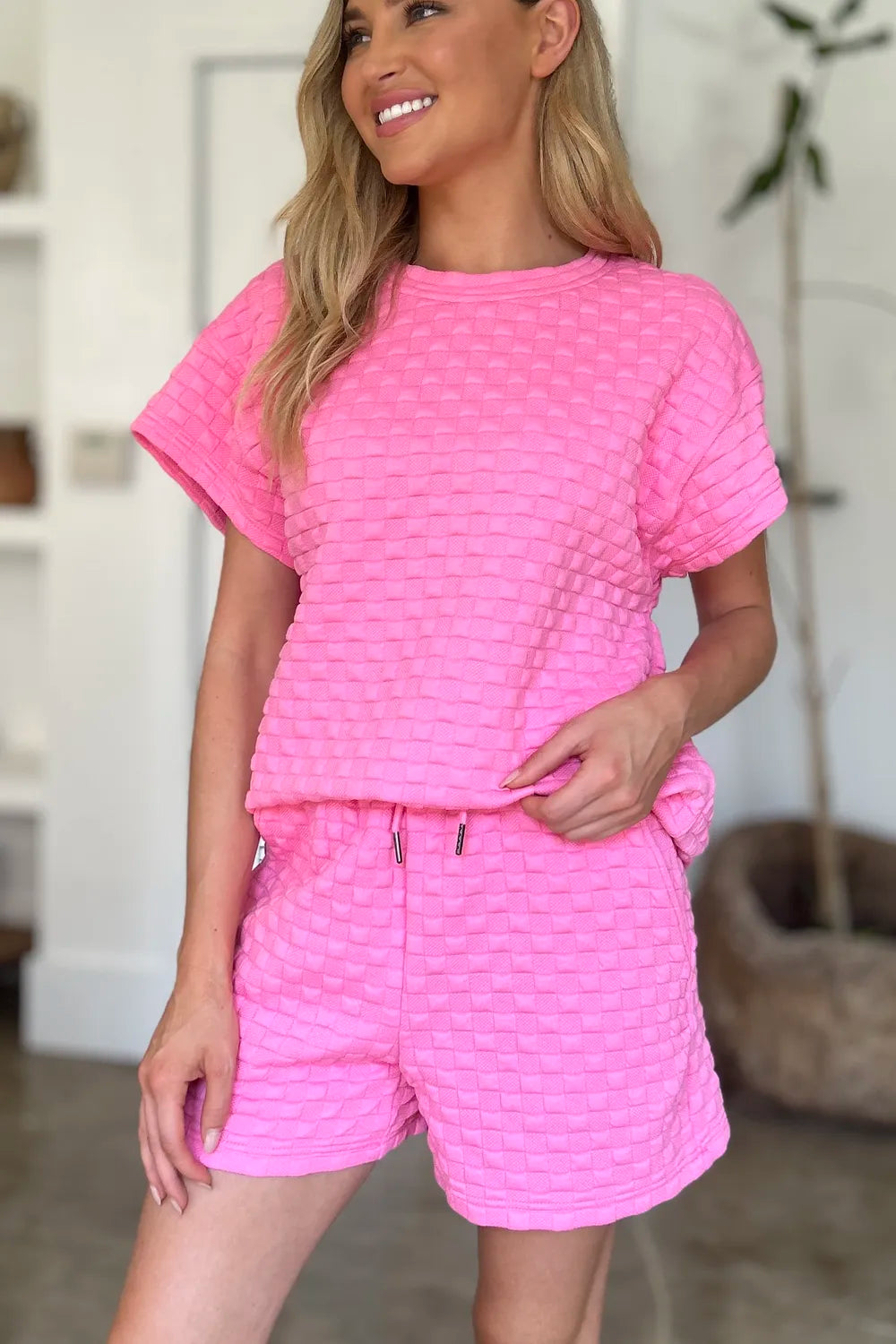 Double Take Full Size Texture T-Shirt and Shorts Set - Velora