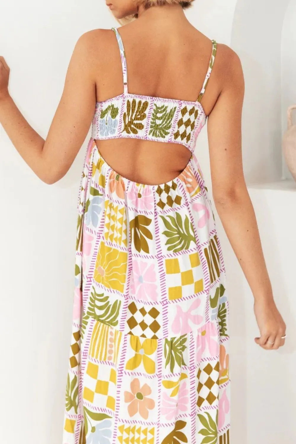 Cutout Back Printed Square Neck Maxi Cami Dress - Velora