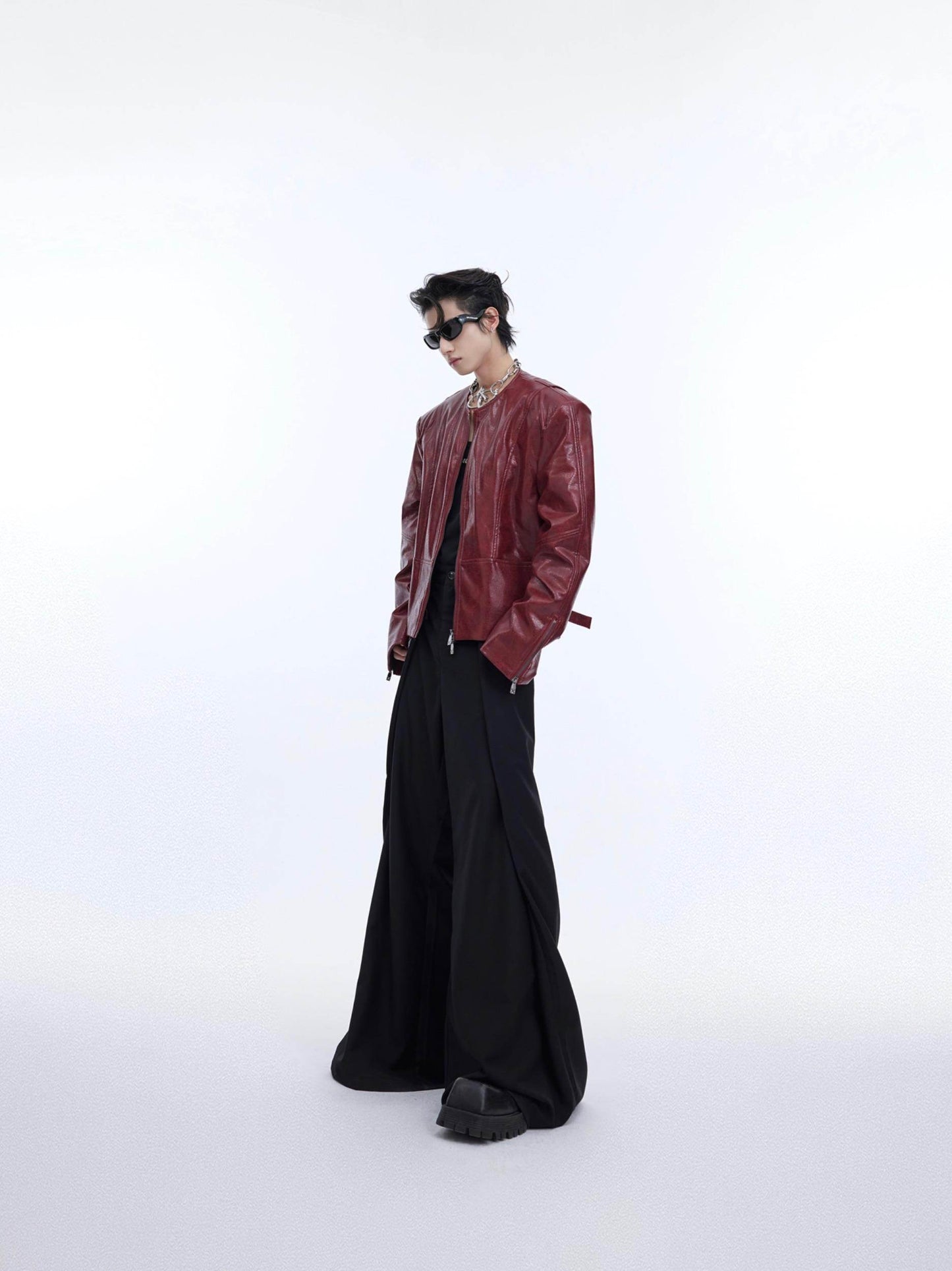 Texture Sense Padded Shoulder Leather Coat Men - Velora