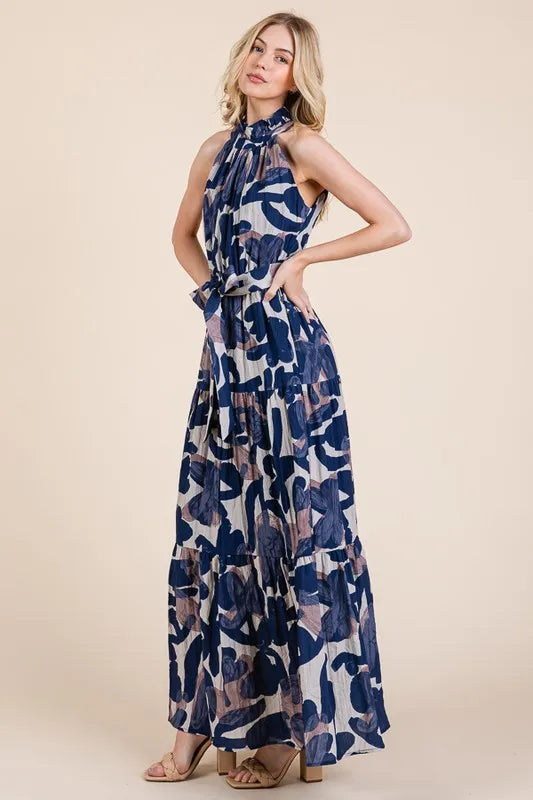 Lime 'N' Chili Abstract Halter Neck Tie-Waist Tiered Maxi Dress - Velora