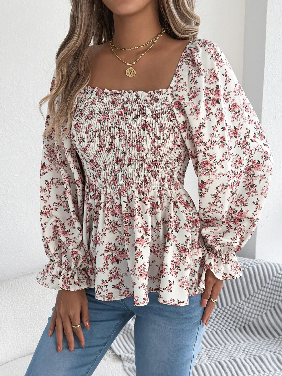 Floral Square Neck Flounce Sleeve Blouse - Velora