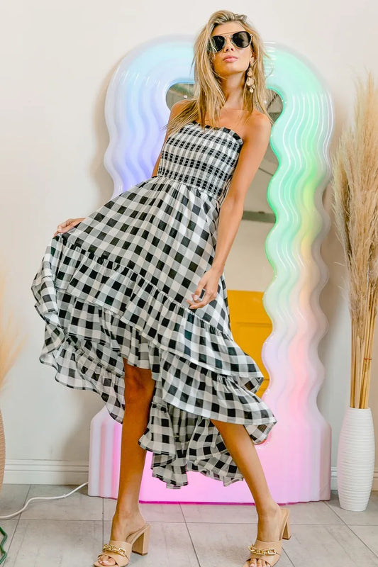 BiBi Smocked Body Off Shoulder Check Dress - Velora