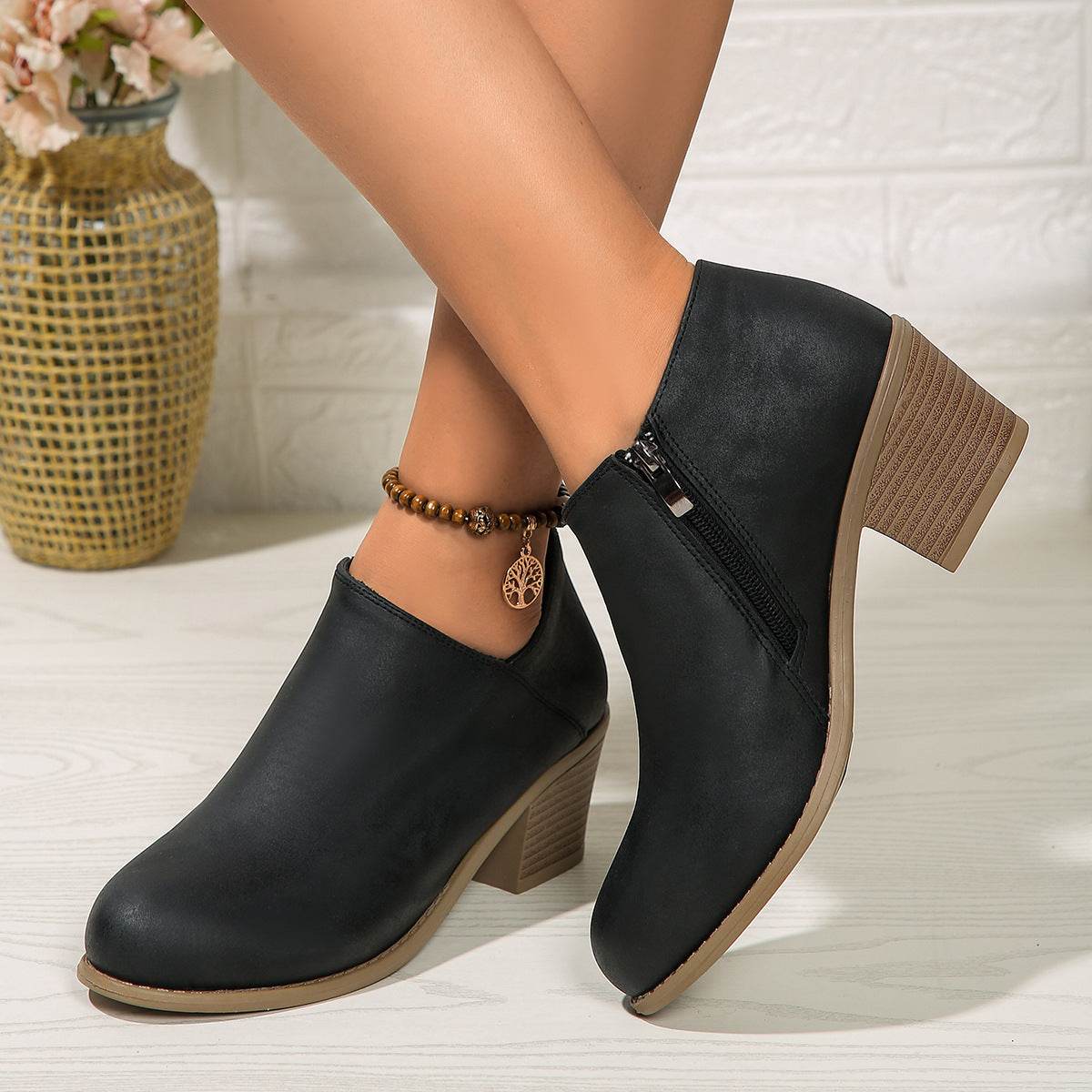Chunky Heel Round Toe Ankle Boots With Side Zipper Design Fashion Fall Winter Short Boots For Women Shoes - Velora