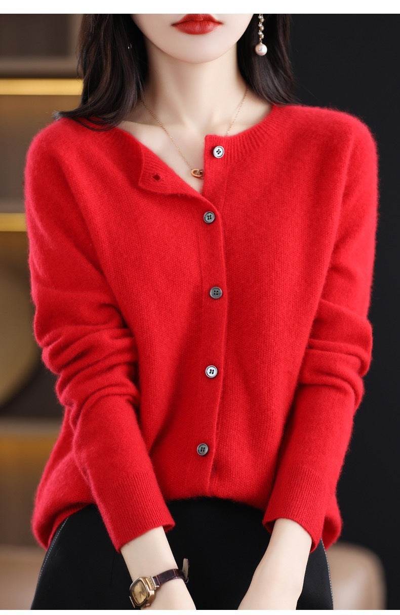 Fashion Merino Wool Cardigan Sweater Women O-Neck Long-sleeve Cashmere Knitwear Spring Autumn Female Clothing Tops - Velora