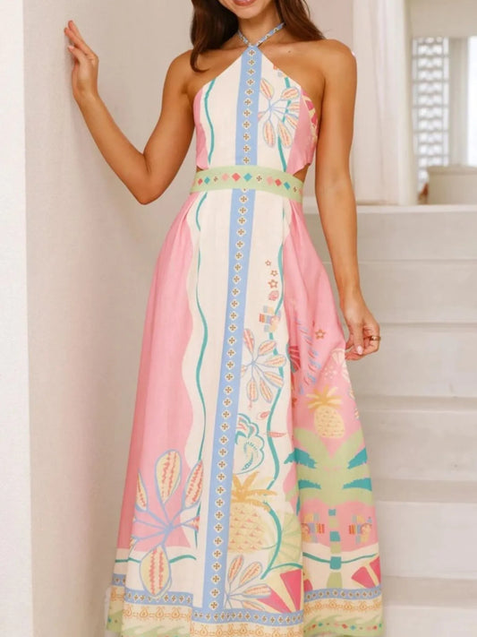 Halter Neck Printed Maxi Dress - Velora