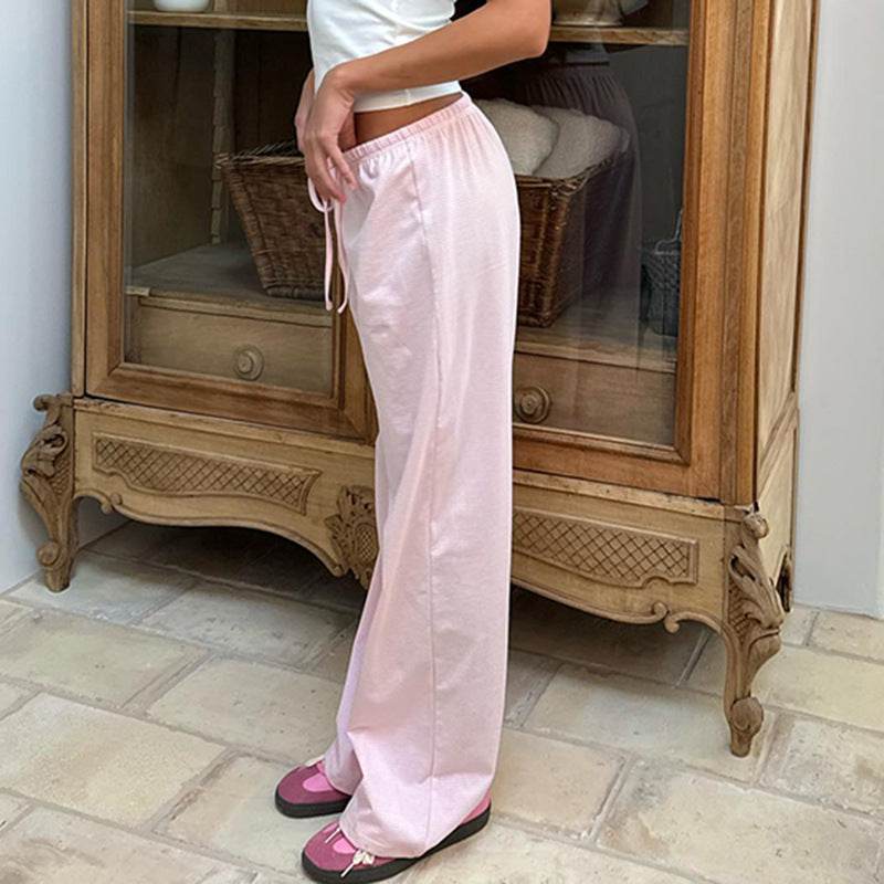 Women's Striped Print Trousers Y2K Fashion Casual Lace Up Home Straight Wide-leg Pants - Velora