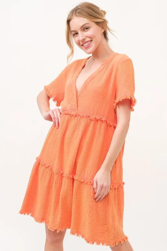 And The Why Washed Frayed Detail Tiered Dress - Velora