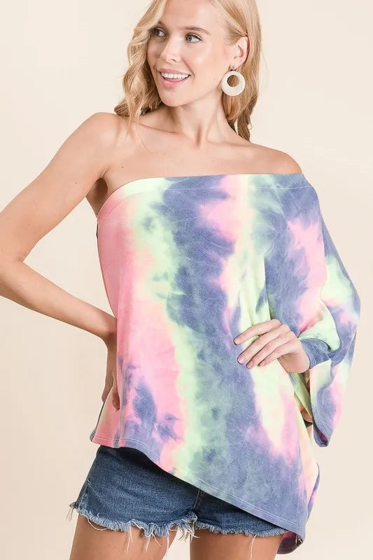 BiBi Tie Dye French Terry One Shoulder Top with Dolman - Velora