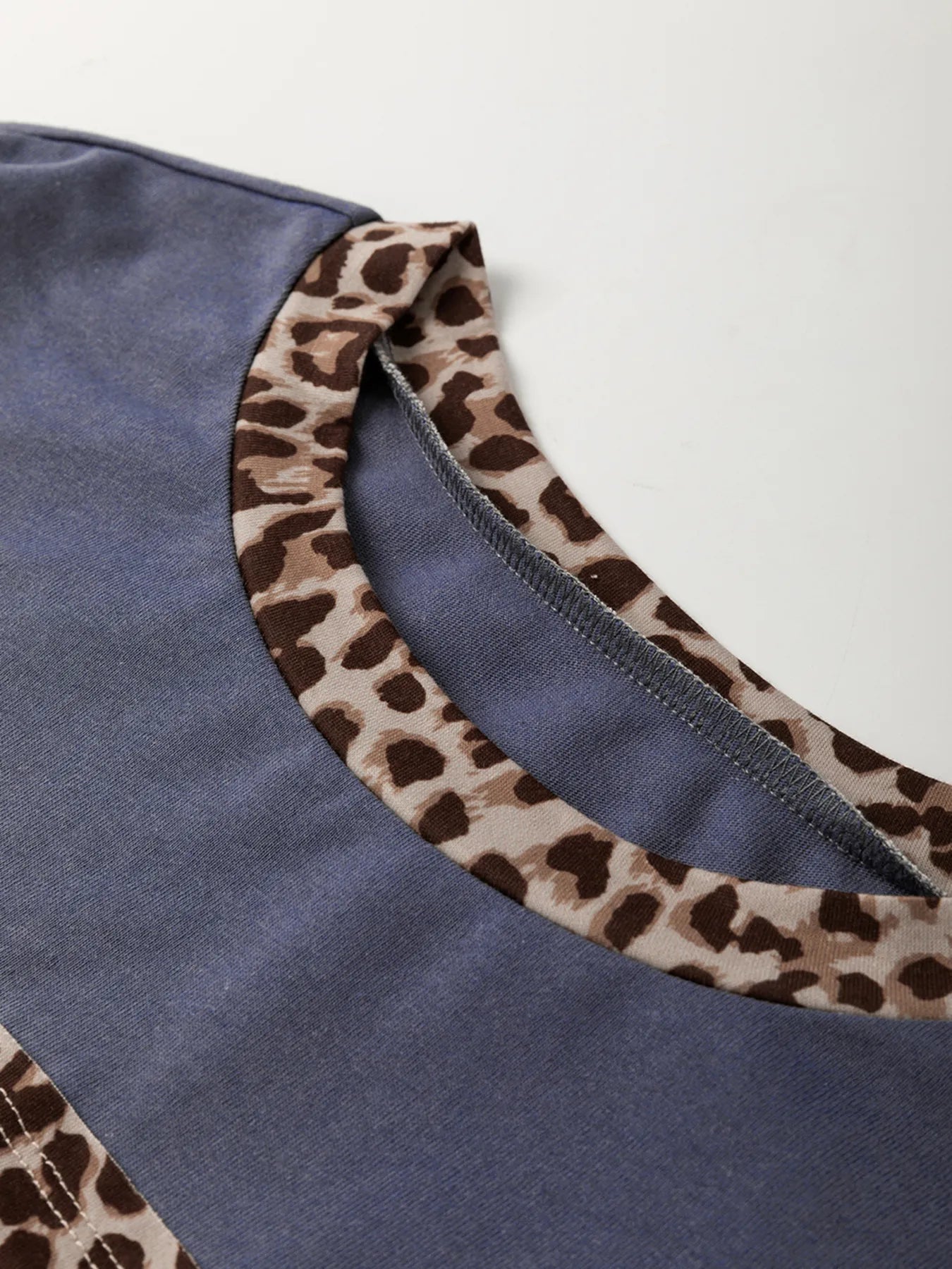 Leopard Color Block Long Sleeve Drop Shoulder Top - Velora