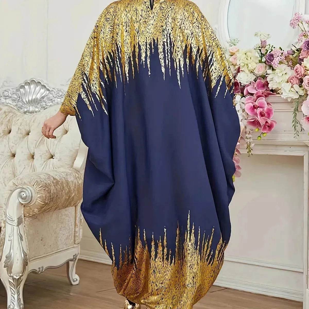 Fashion Embellish Fancy Abaya Middle East Print Color Contrast Patchwork Bat Sleeve Width Loose Summer Long Sleeve Dress - Velora