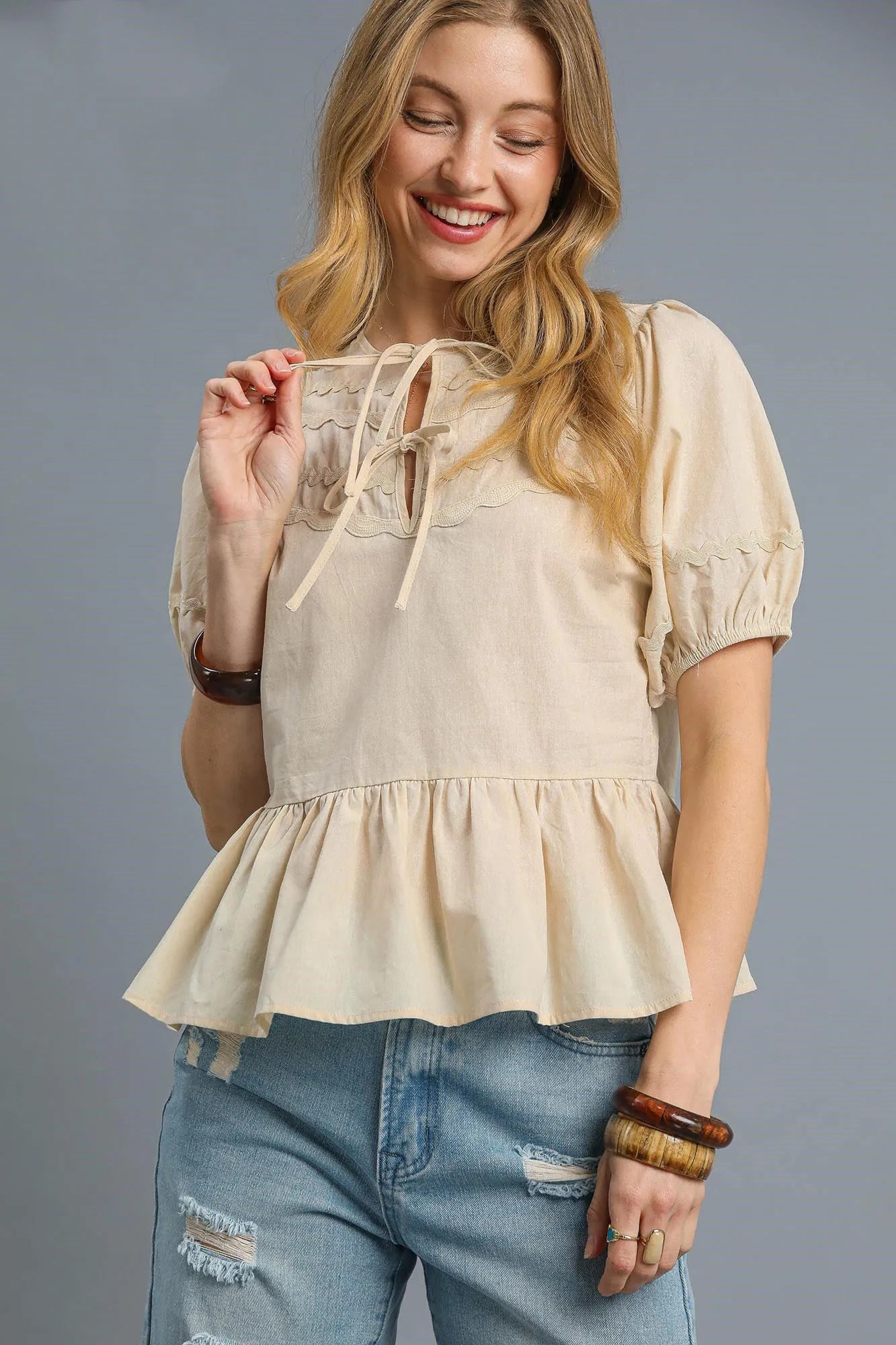 Umgee Tie Front Puff Sleeve Blouse - Velora