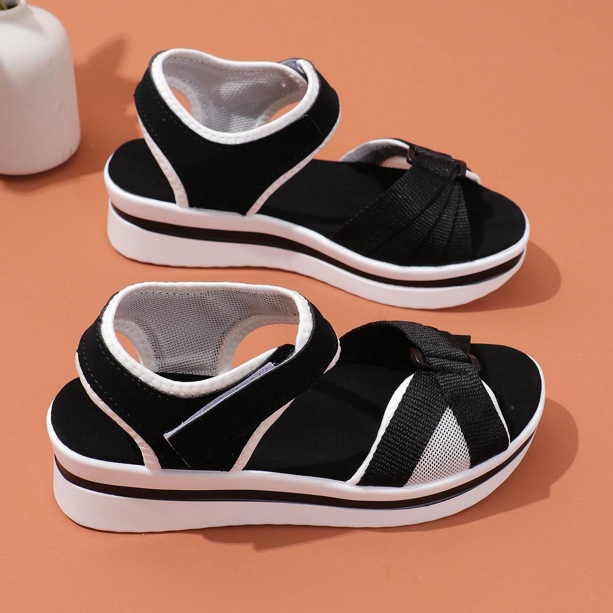 Summer Mesh Cross-strap Sandals With Velcro-design Thick Sole Flats Beach Shoes Women - Velora