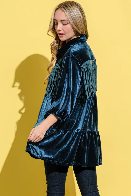 And The Why Fringe Detailed Velvet Shirt Dress - Velora