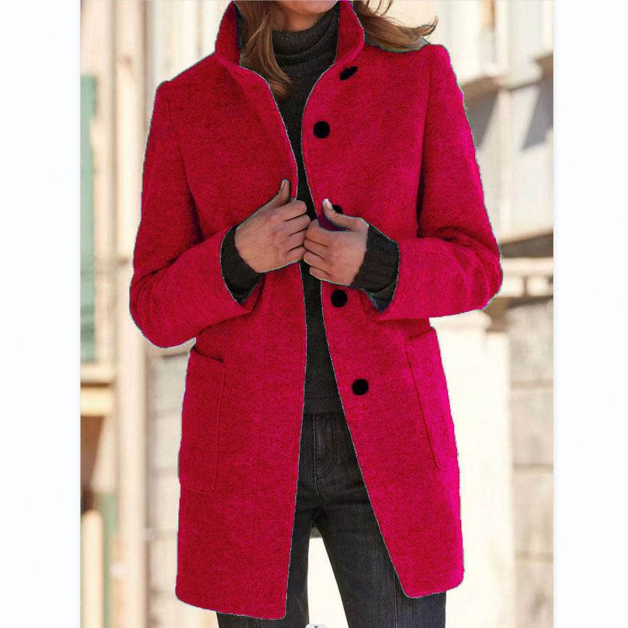Fashion Stand Collar Woolen Coat With Pockets Fall Winter Casual Button Outwear For Women Clothing - Velora