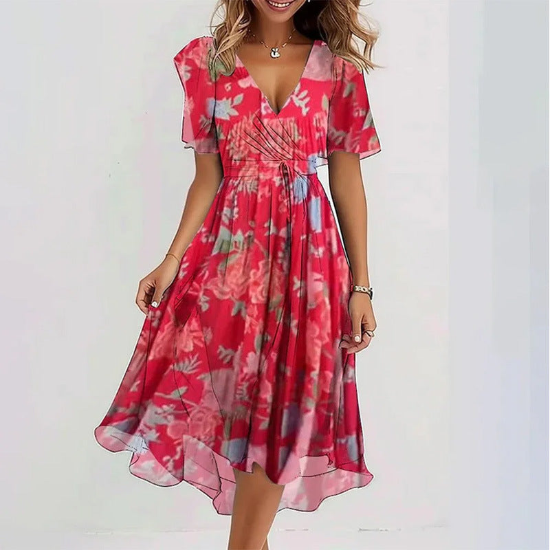 Flowers Printed V-neck Dress Summer A-line Short-sleeved Dresses For Women Velora