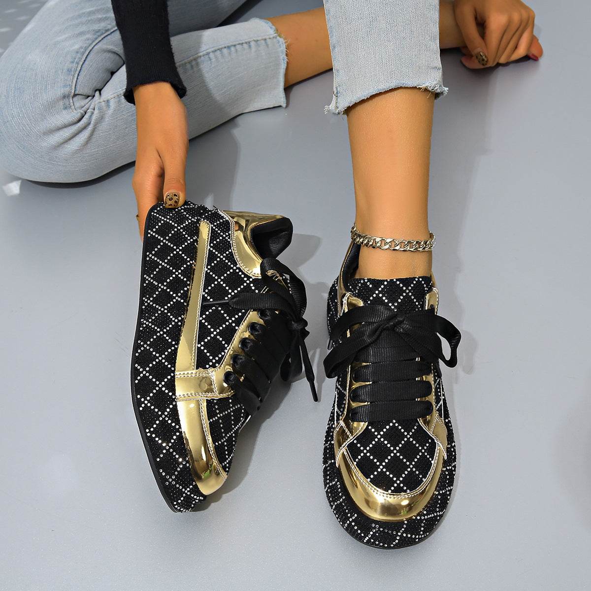 Fashion Rhinestone Flats Shoes Versatile Thick-soled Lace-up Casual Shoes Women's Sneakers - Velora