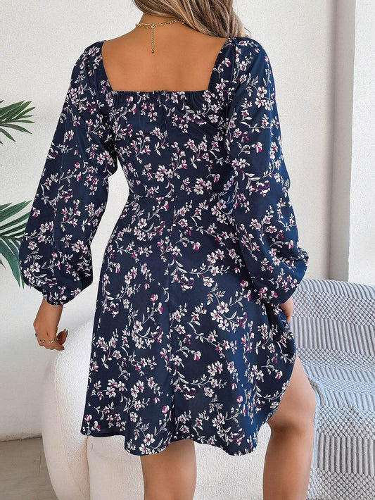 Fashion Floral Print Lantern Sleeve Dress Casual Sexy Tie Square Neck Long Sleeve A-Line Dress Women's Clothing - Velora