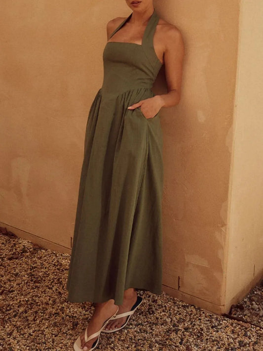 Halter Neck Maxi Dress with Pockets - Velora