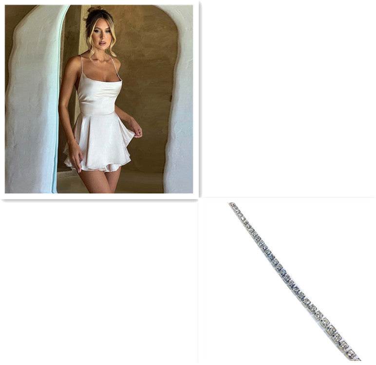 Sexy Suspender Skirt For Women Elegant Slim Strap Satin Backless Lace Up A-Line Short Dress Lady - Velora