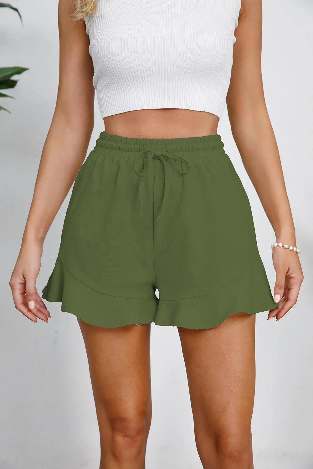 Full Size Drawstring Ruffle Hem Shorts - Velora