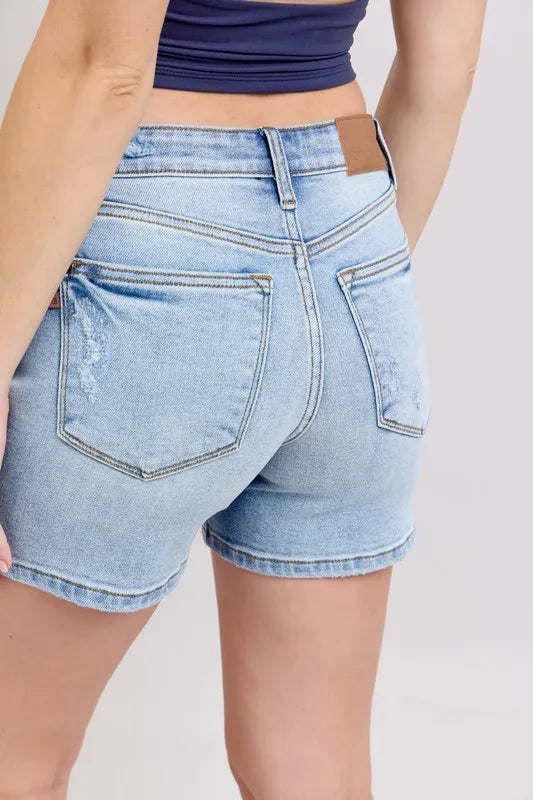 Judy Blue Full Size Mid Rise Washed Denim Shorts Plus Size - Velora