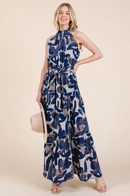 Lime 'N' Chili Abstract Halter Neck Tie-Waist Tiered Maxi Dress - Velora