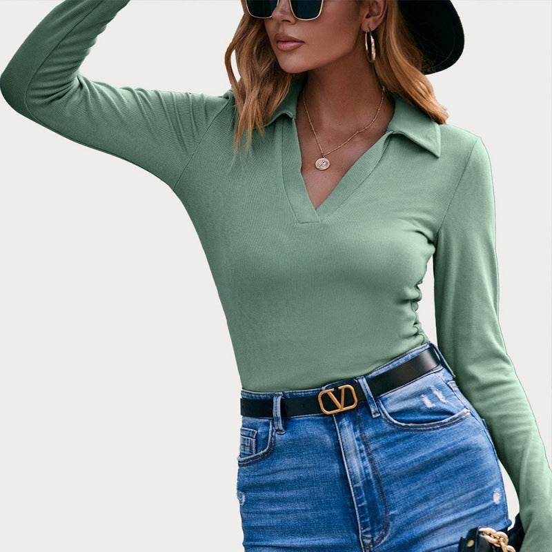 V-neck Slim Knit Long-sleeved Shirt Ken Strip - Velora