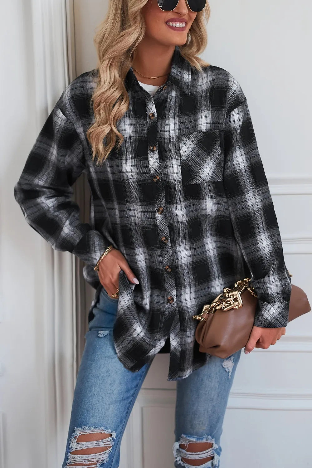Plaid Button Up Dropped Shoulder Outerwear - Velora
