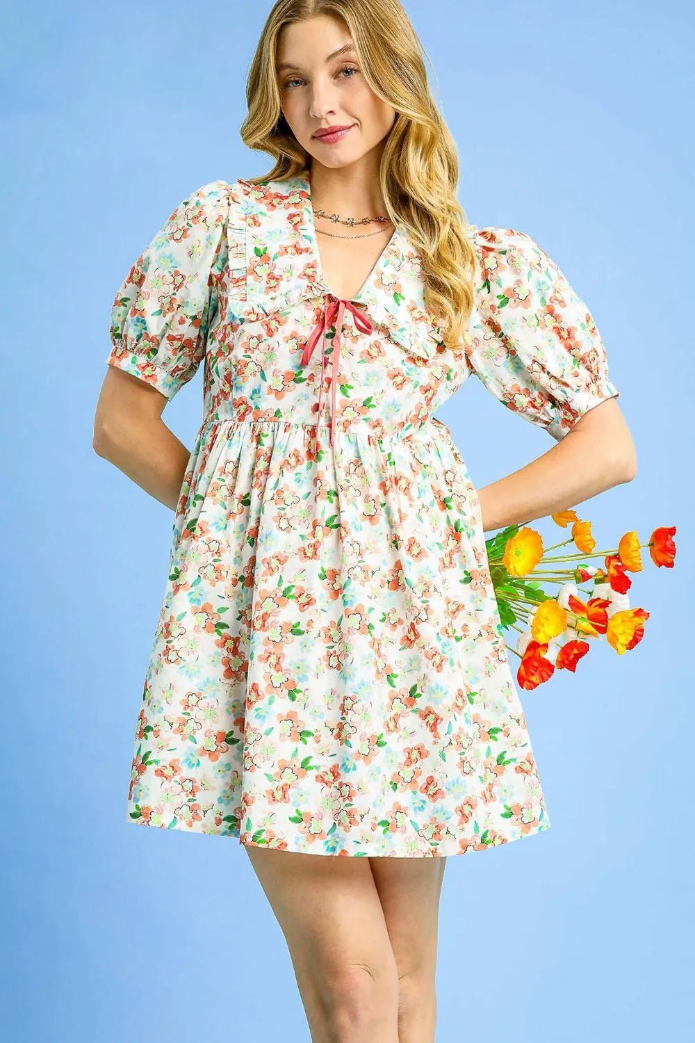 Umgee Floral Print Puff Sleeve Tie Front Mini Dress - Velora