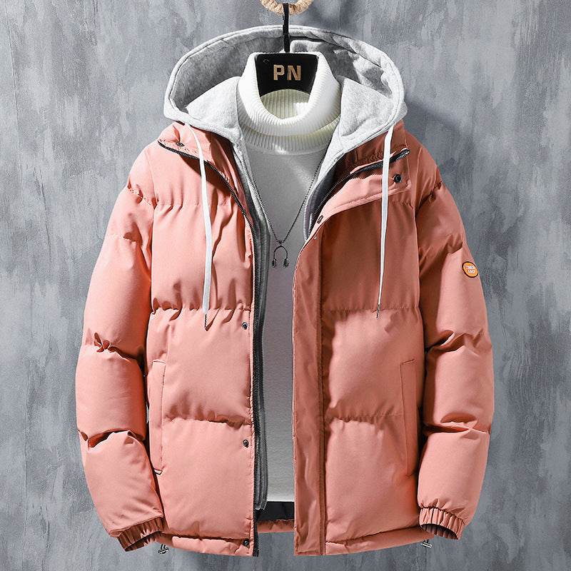 Fashion Hooded Jacket Men Winter Windproof Thickened Fake Two-piece Coat Solid Leisure Sports Cotton Jacket - Velora