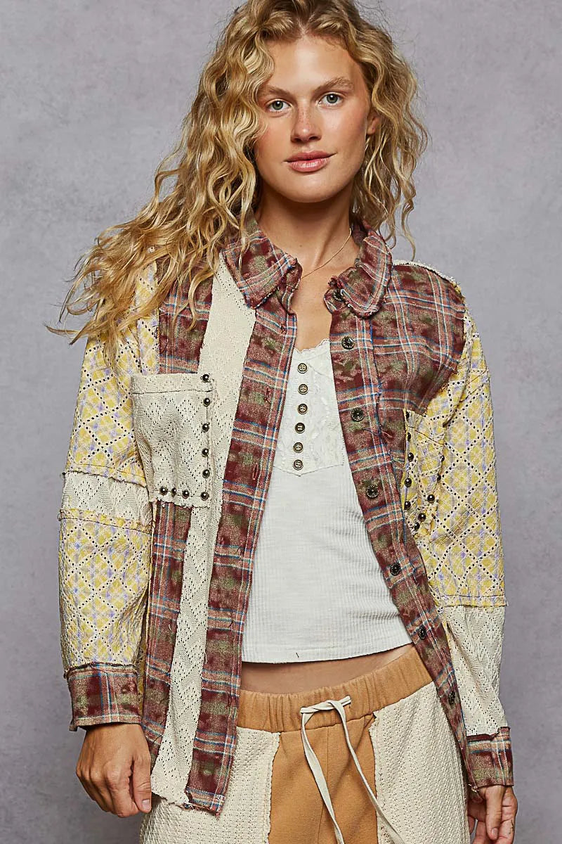 POL Studded Contrast Plaid Long Sleeve Shirt - Velora