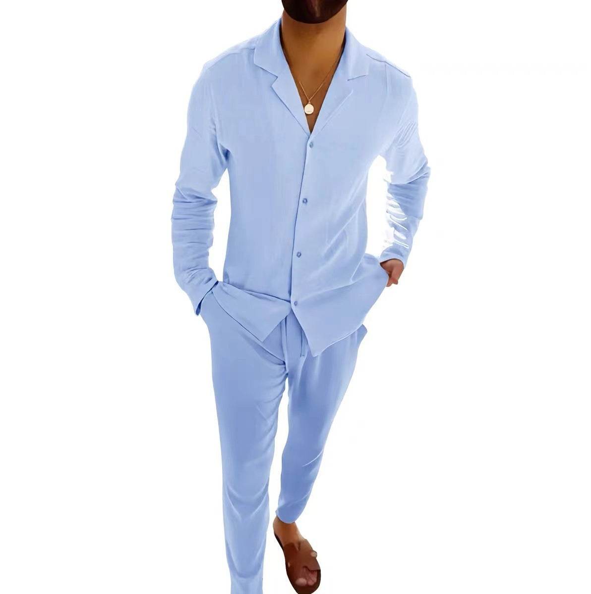 Casual Long-sleeved Suits Fashion Lapel Single-breasted Shirt Top And Slim-fit Trousers Men Clothing - Velora