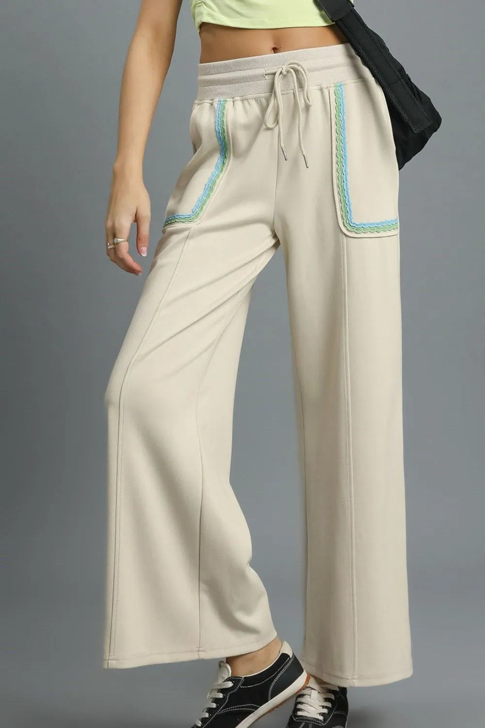 Umgee Drawstring Wide Leg Pants with Scallop Trim Detail - Velora