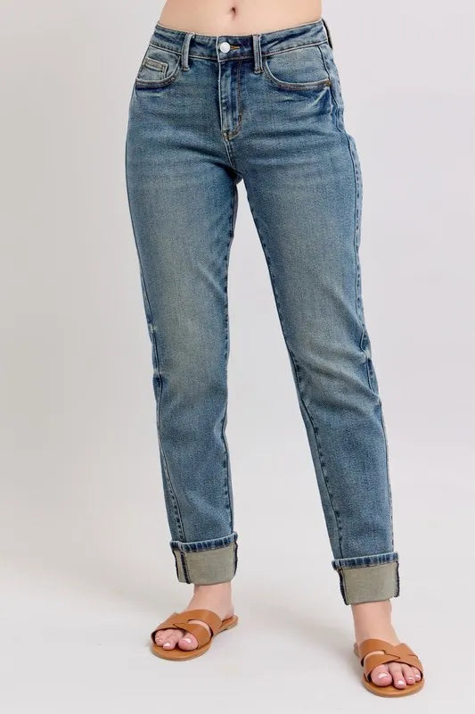 Judy Blue Full Size Mid Rise Vintage Wash Double Roll Cuff Boyfriend Jeans Plus Size - Velora