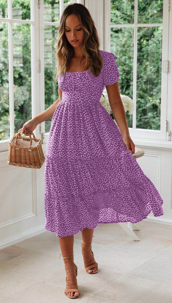 Square Collar Short Sleeve Dress Summer Puff Floral Printed Dress Long Dresses - Velora