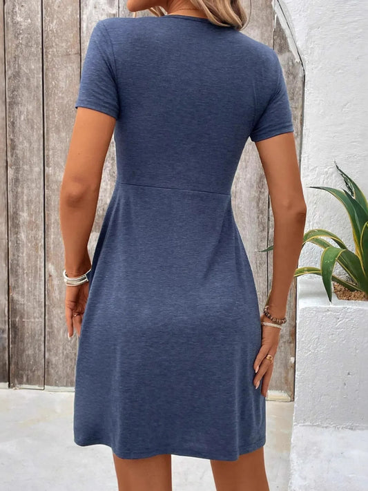 Twist Front V-Neck Short Sleeve Casual Dress - Velora